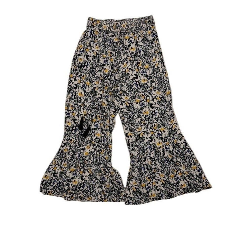 Angie Women Floral Smocked Wide Leg Pants Ivory Blue Yellow Size S Tiered Ruffle